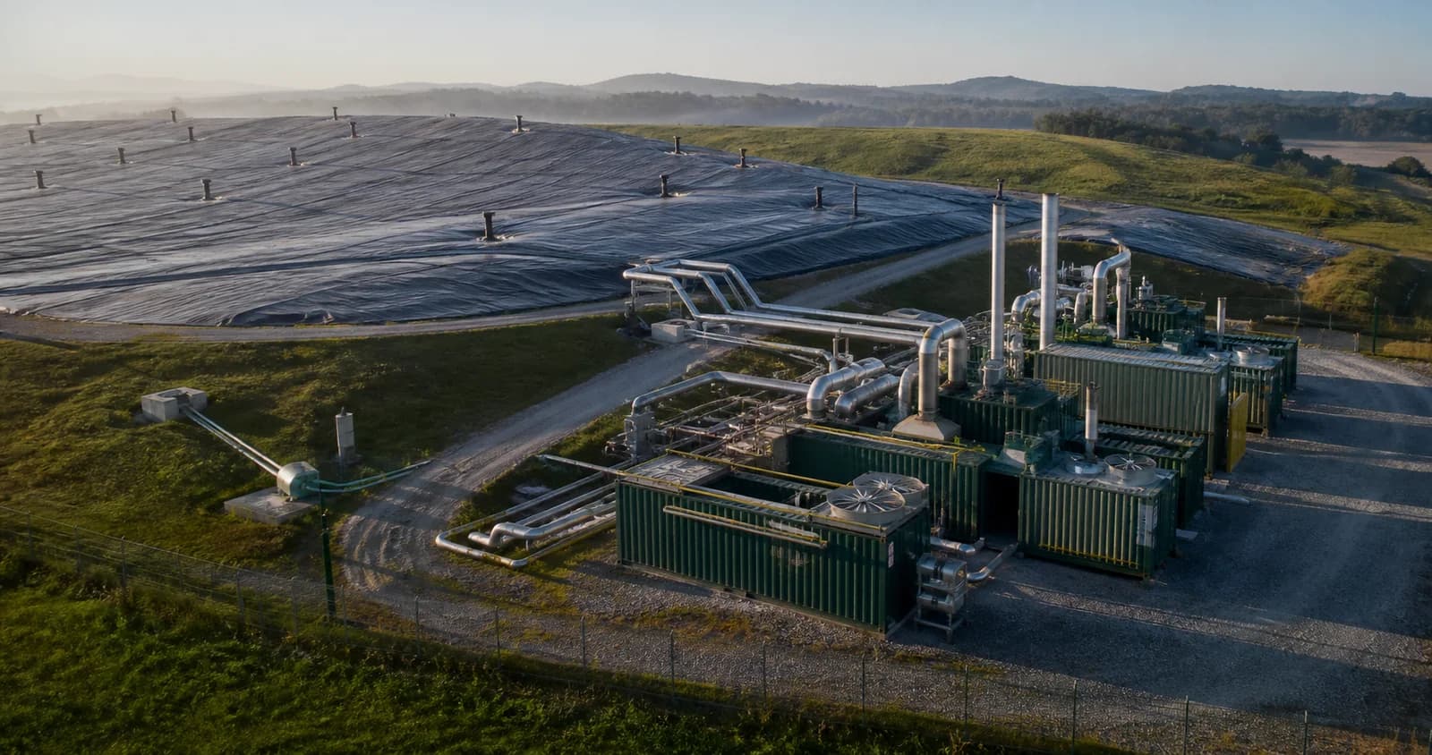 Usina modular convertendo gás de aterro sanitário em eletricidade
