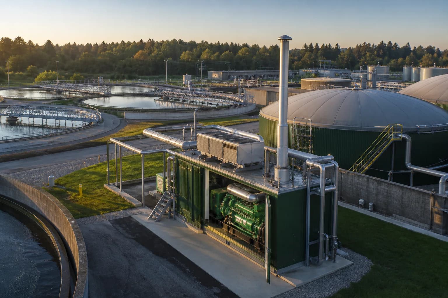 Estação de tratamento de esgoto com digestores e grupo gerador a biogás